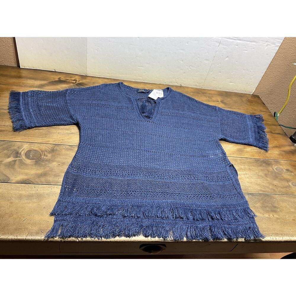 POLO Ralph Lauren Linen Fringe Crochet Tunic Top Blue Sweater Women’s Medium NWT